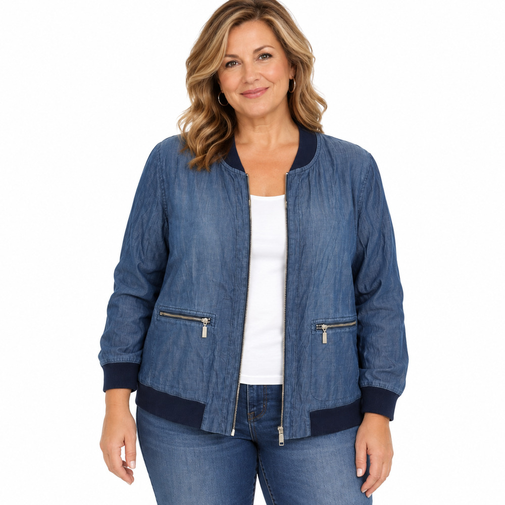 Chicos Chambray Blue Full Zip Blue Lightweight Jacket Zip Pockets sz 3 / XL